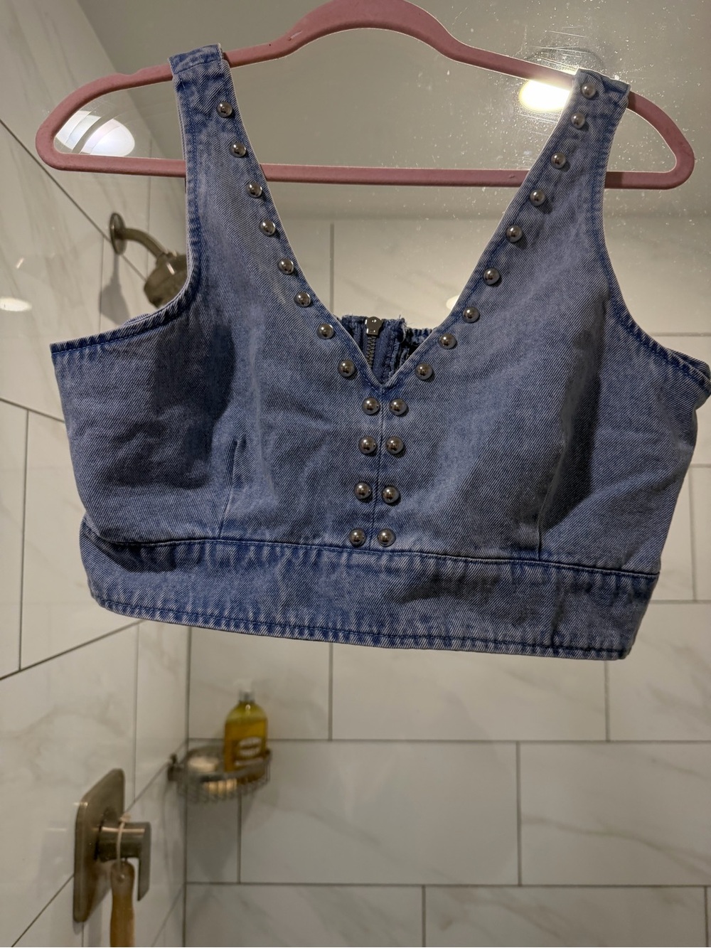 House of Harlow 1960 Denim Studded V-Neck Crop Top - Blue